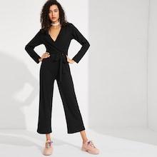 Romwe Waist Knot Surplice Wrap Ribbed Jumpsuit