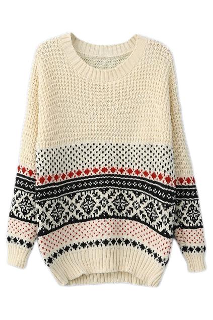 Romwe Romwe Christmas Sweater Striped Heart & Snowflake White Jumper