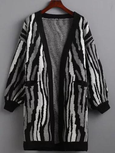 Romwe Black Contrast Zebra Stripe Lantern Sleeve Cardigan