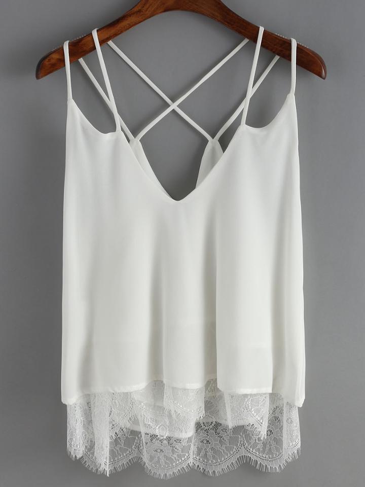 Romwe White Spaghetti Strap Lace Chiffon Cami Top