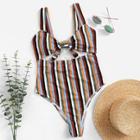 Romwe Striped Knot Front Cut Out One Piece Swimsuit