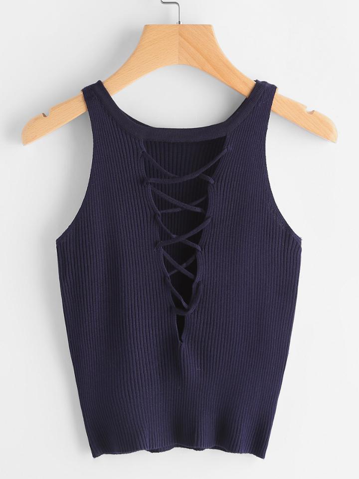 Romwe V Cut Lace Up Back Ribbed Tank Top