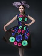 Romwe Sleeveless Flower Print Flare Black Dress