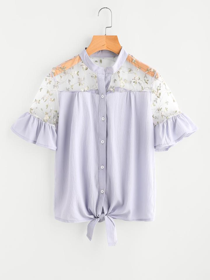 Romwe Mesh Insert Embroidered Tie Front Frill Blouse