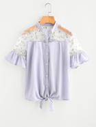 Romwe Mesh Insert Embroidered Tie Front Frill Blouse