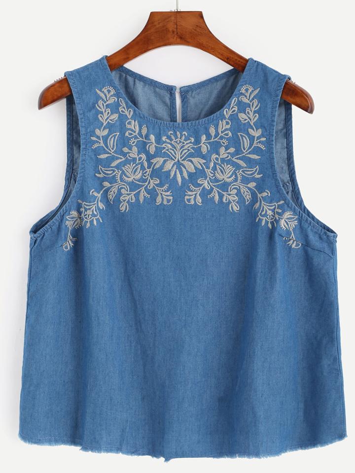 Romwe Blue Split Back Embroidered Buttons Denim Tank Top