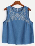 Romwe Blue Split Back Embroidered Buttons Denim Tank Top