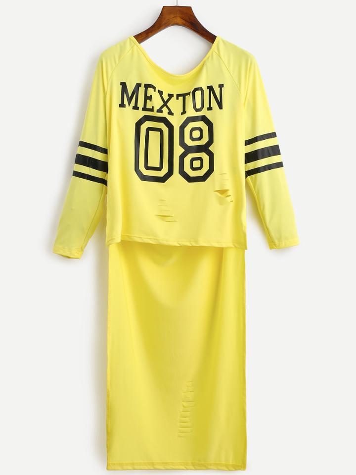 Romwe Yellow Ripped Varsity Print High Low T-shirt