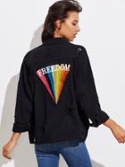 Romwe Rainbow Embroidered Back Ripped Denim Jacket