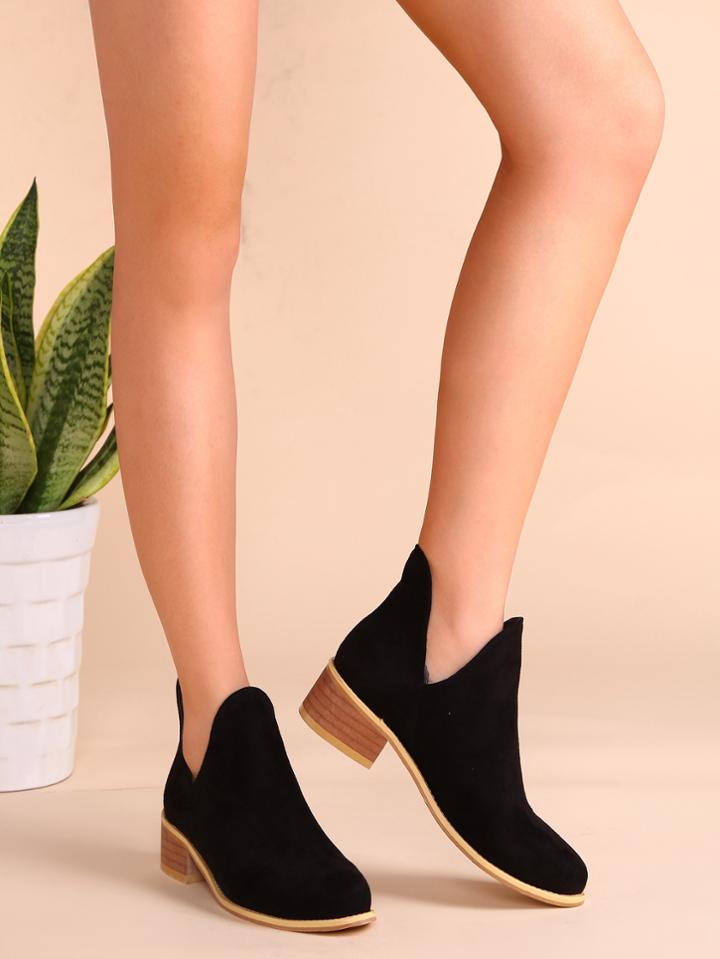 Romwe Black Faux Suede Cork Heel Ankle Booties