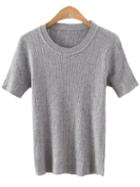 Romwe Grey Round Neck Vertical Stripe Knitted T-shirt