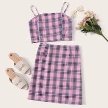 Romwe Tartan Plaid Shirred Cami Top With Skirt