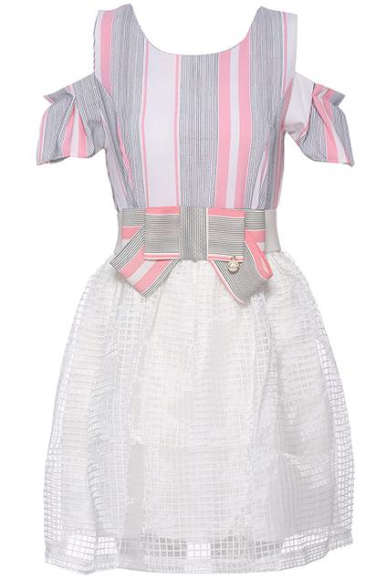 Romwe Striped Print Off-shoulder Pink Dress