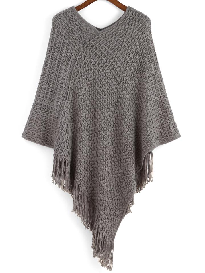 Romwe V Neck Tassel Poncho