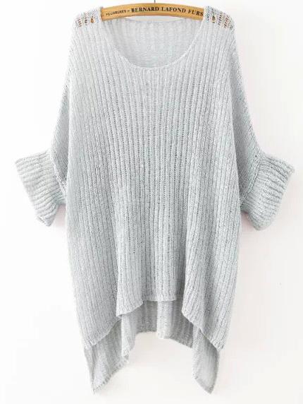Romwe Grey Round Neck Split Loose Knit Sweater