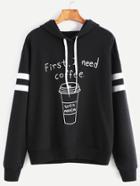 Romwe Black Coffee Print Striped Sleeve Hoodie