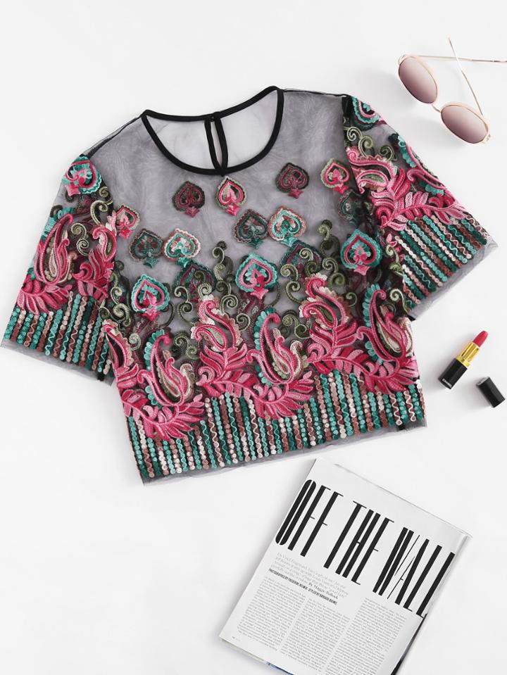 Romwe Embroidery Mesh Buttoned Keyhole Blouse