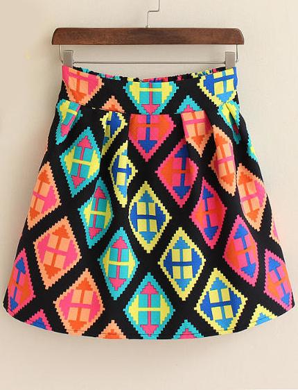 Romwe Multicolor High Waist Geometric Print Skirt