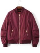 Romwe Burgundy Stand Collar Zipper Pocket Padded Jacket