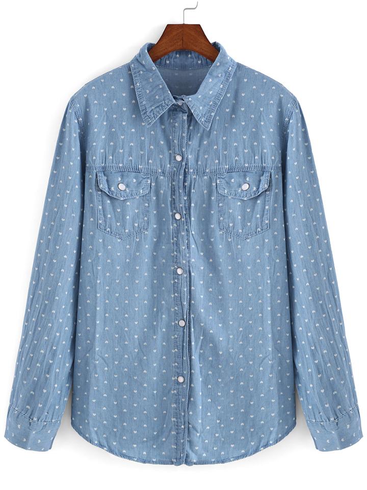 Romwe Lapel Heart Print Denim Blouse