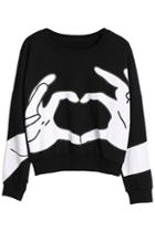 Romwe Heart Gesture Print Black Sweatshirt