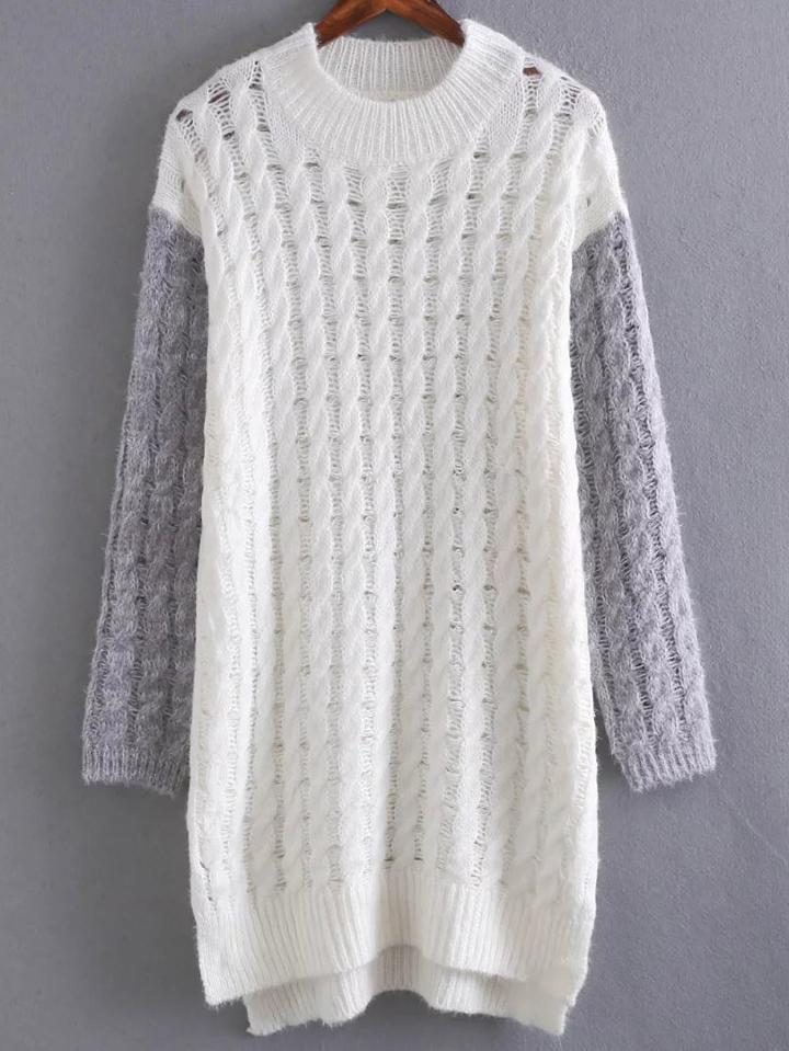 Romwe White Cable Knit Color Block High Low Sweater Dress