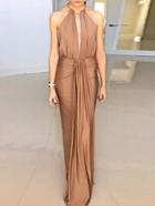 Romwe Camel Halter Neck Cutaway Cut-out Back Maxi Dress