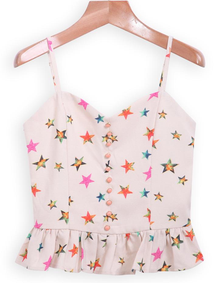 Romwe Spaghetti Strap With Buttons Star Print Vest