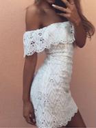 Romwe White Crochet Overlay Ruffle Off The Shoulder Dress