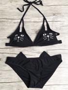 Romwe Black Cat Print Cutout Bikini Set