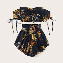 Romwe Plus Off Shoulder Floral Print Shirred Top With Shorts