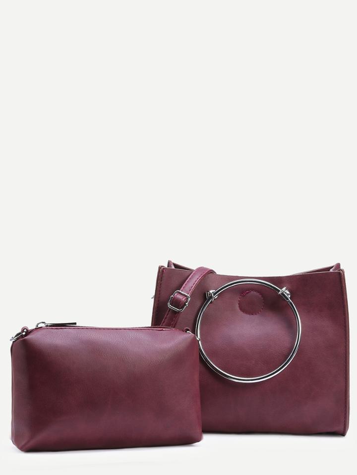 Romwe Burgundy Ring Handle Satchel Bag With Make Up Bag