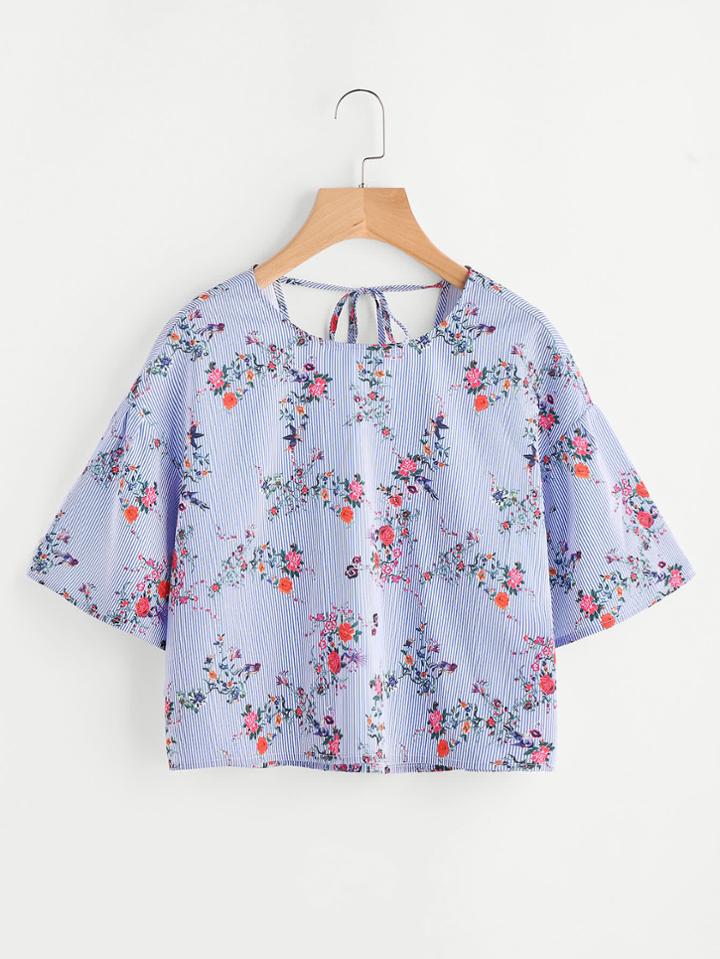 Romwe Flower Print Drop Shoulder Tied V Back Striped Top