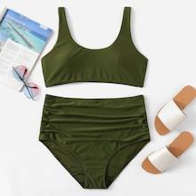 Romwe Plus Scoop Neck Top With Ruched Bikini Set