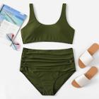 Romwe Plus Scoop Neck Top With Ruched Bikini Set