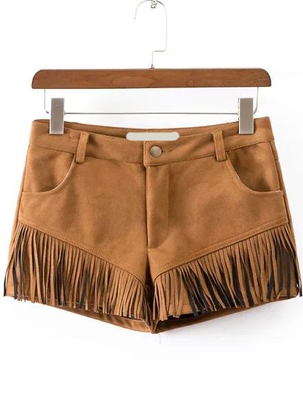 Romwe Fringe Suede Khaki Shorts