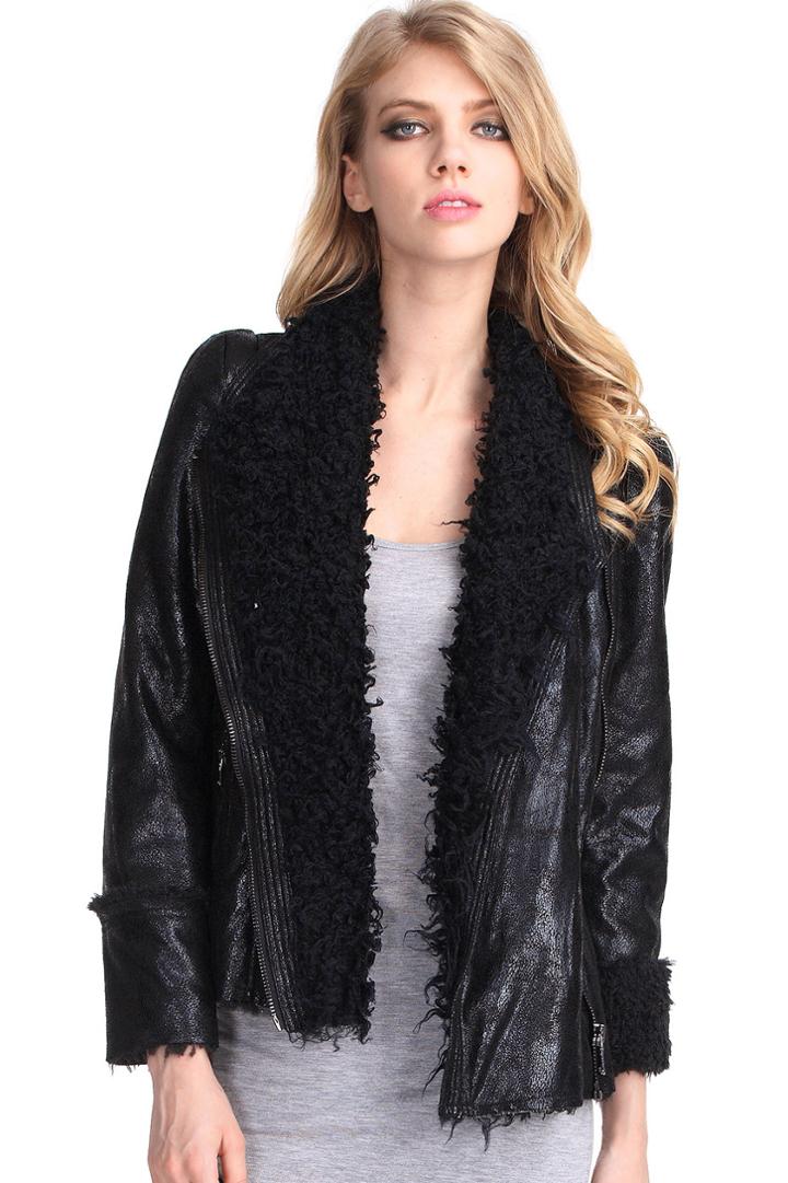 Romwe Gezuckt Shearling Collar Black Jacket