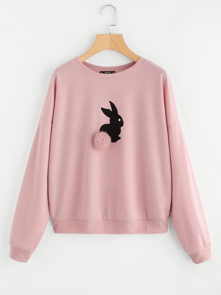 Romwe Pom Pom Ball Applique Rabbit Print Pullover