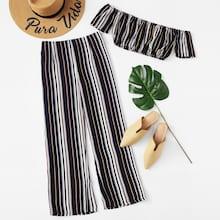 Romwe Off Shoulder Striped Crop Top With Pants