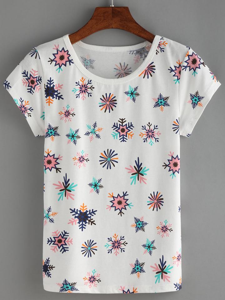 Romwe Allover Snowflake Print T-shirt