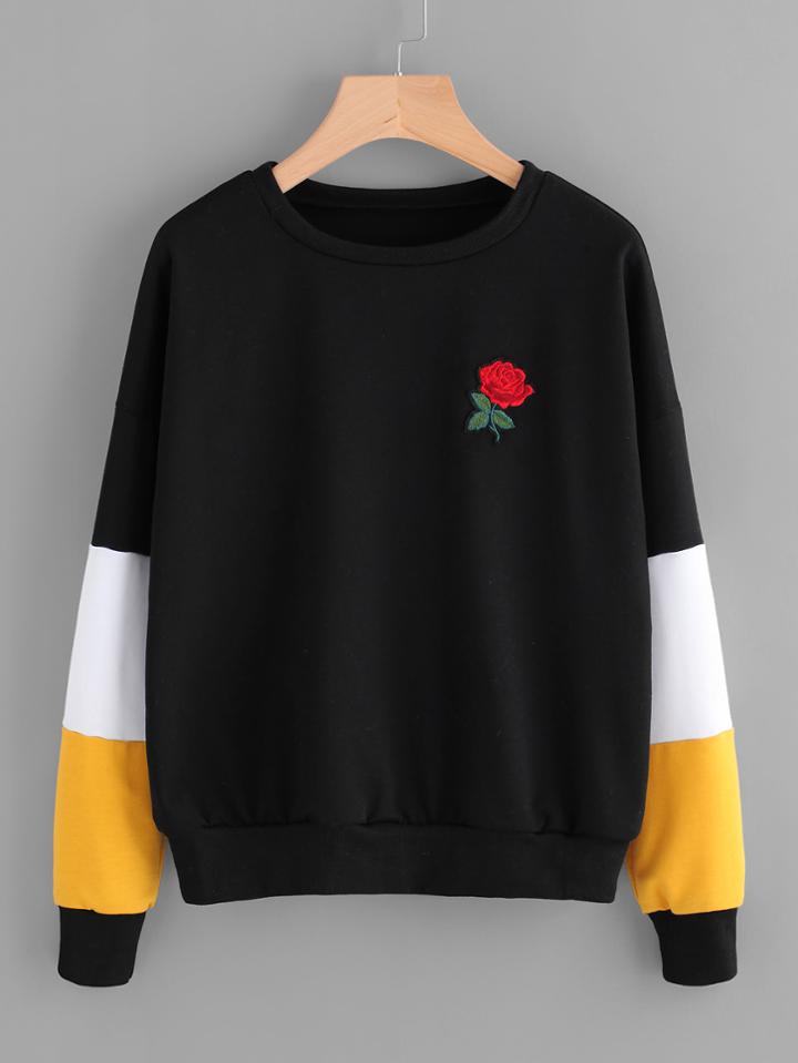 Romwe Rose Patch Pullover With Cut And Sew Detail