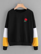 Romwe Rose Patch Pullover With Cut And Sew Detail