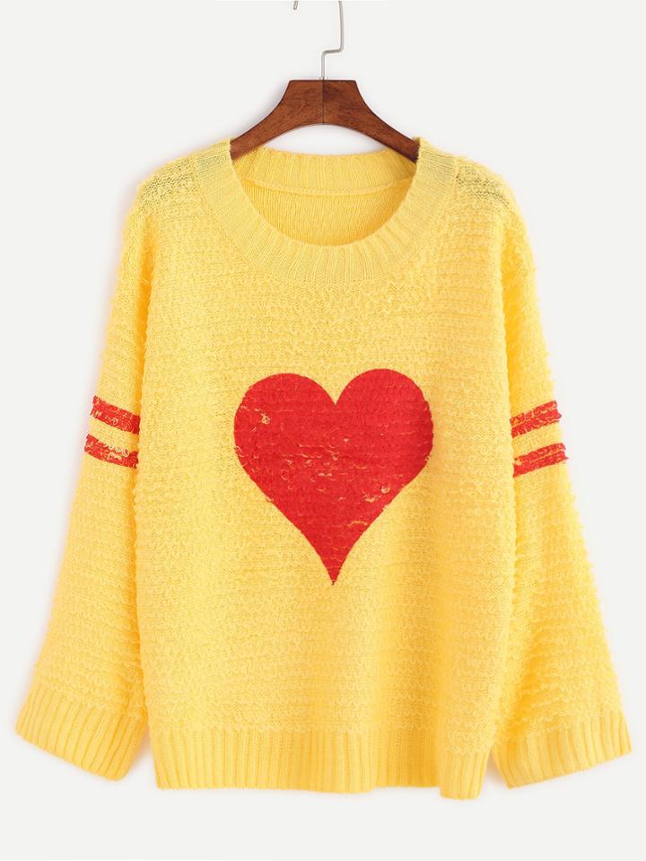Romwe Yellow Varsity Striped And Heart Print Sweater