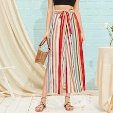 Romwe Split Side Belted Colorful Striped Wide Leg Pants