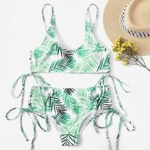 Romwe Random Leaf Print Tie Side High Waist Bikini