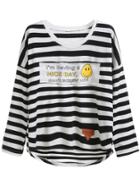 Romwe Black White Striped Drop Shoulder High Low Patches T-shirt