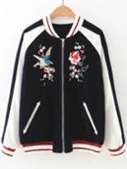 Romwe Navy Embroidery Striped Trim Velvet Jacket