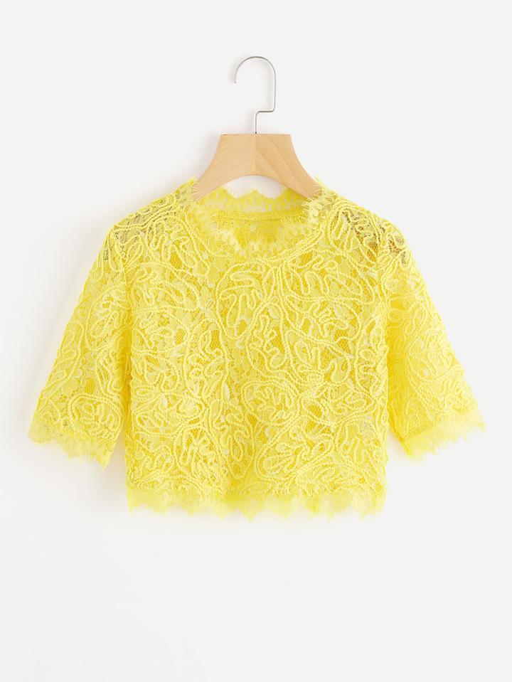 Romwe Hollow Out Eyelash Lace Crop Top