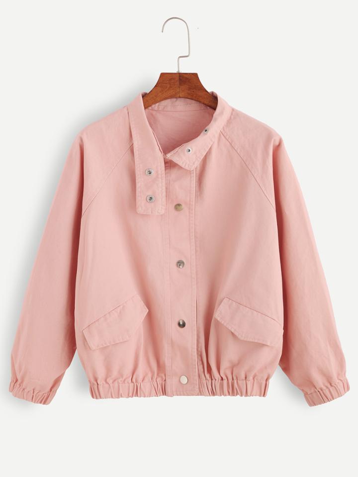 Romwe Pink Pocket Front Raglan Sleeve Jacket