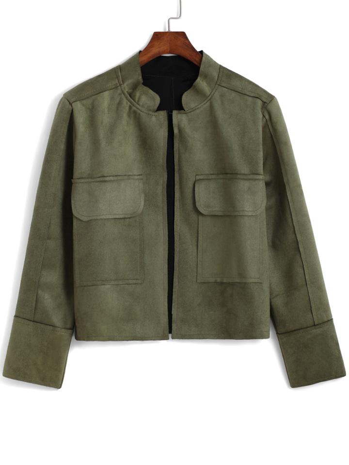 Romwe Stand Collar With Pockets Green Coat